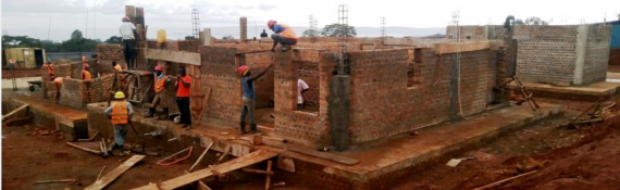 Brick work for superstructure walls paediatric ward and maternity 65%.